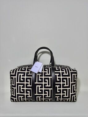 Balmain Black & Cream Logo Jacquard Duffel Bag